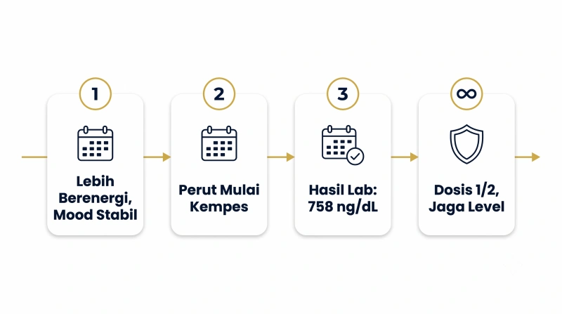 Timeline Bulan 1 lebih berenergi, Bulan 2 perut mulai kempes, Bulan 3 hasil lab 758 ng/dL, lalu maintenance dosis setengah