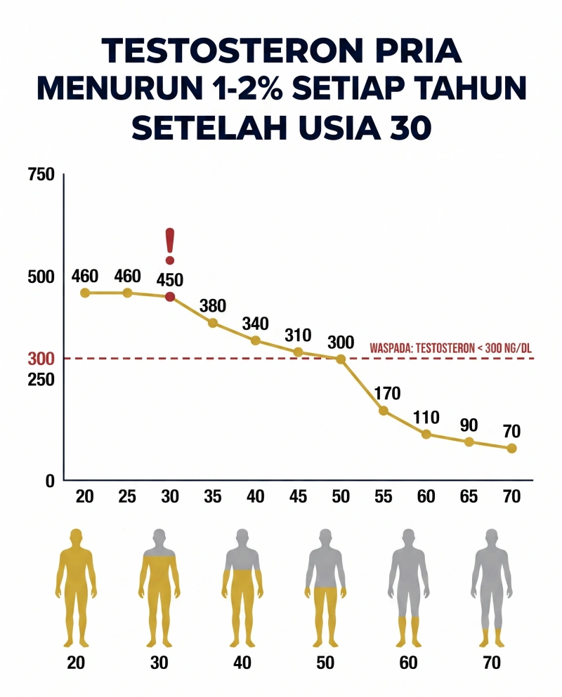 Grafik penurunan testosteron pria berdasarkan usia 20 sampai 70 tahun, ambang batas 300 ng/dL