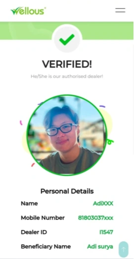 Verifikasi dealer Wellous atas nama Adi, Dealer ID i1547