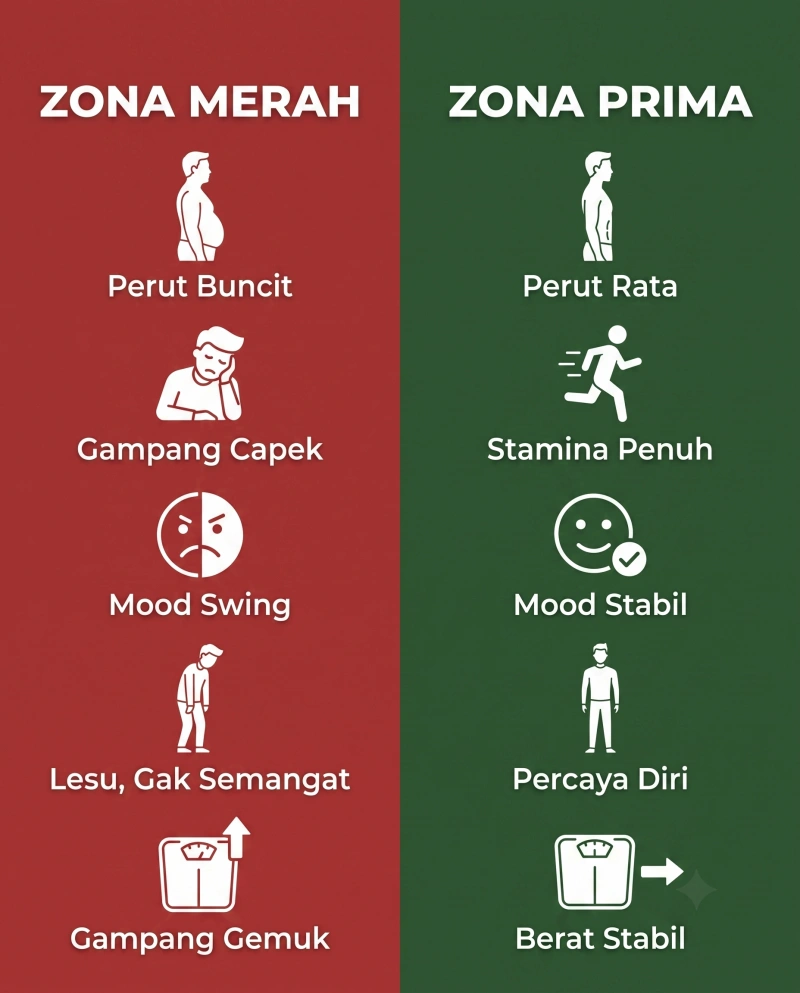 Perbandingan ciri Zona Merah: perut buncit, gampang capek, mood swing, lesu, gampang gemuk — vs Zona Prima: perut rata, stamina penuh, mood stabil, percaya diri, berat stabil